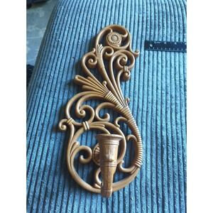 Vintage Syroco Wall Sconce 1970s Candle Holder Ornate Scrolling Tan